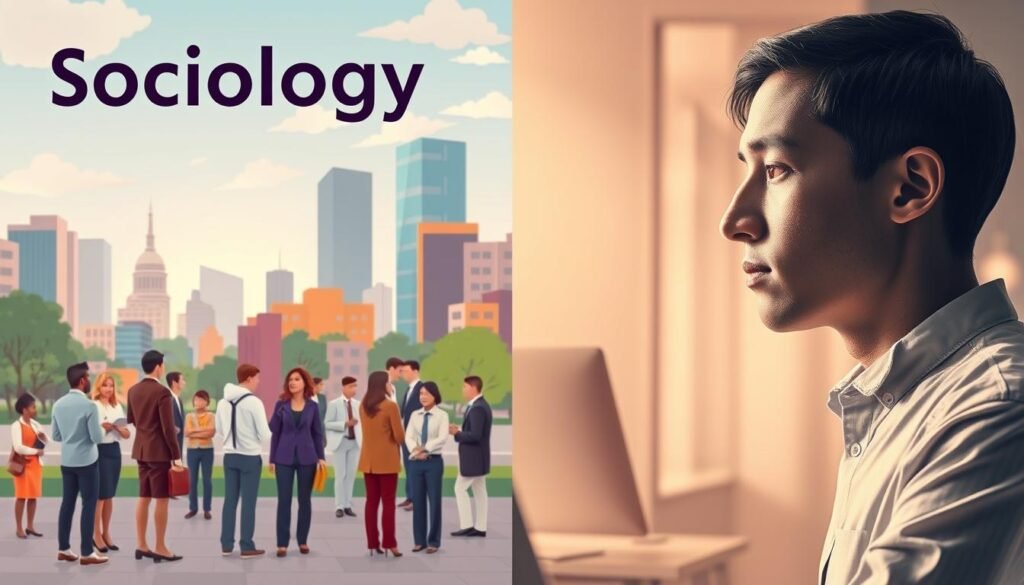 A visually striking split image illustrating the themes of sociology and psychology. On the left side, depict vibrant urban scenes with diverse groups of people interacting, symbolizing sociology's focus on societal structures and community dynamics. In the foreground, include a diverse group of individuals in professional attire discussing and brainstorming, surrounded by urban elements like buildings and parks. On the right side, showcase a serene office environment with an individual deeply engaged in reflection, taken from a slightly elevated angle, representing psychology's emphasis on individual mental processes. Use soft, warm lighting that conveys a sense of introspection for the psychology side, contrasting with the lively, bright lighting of the sociology side. The overall mood balances energy and contemplation, symbolizing the core focus, scope, and critical questions of both fields.