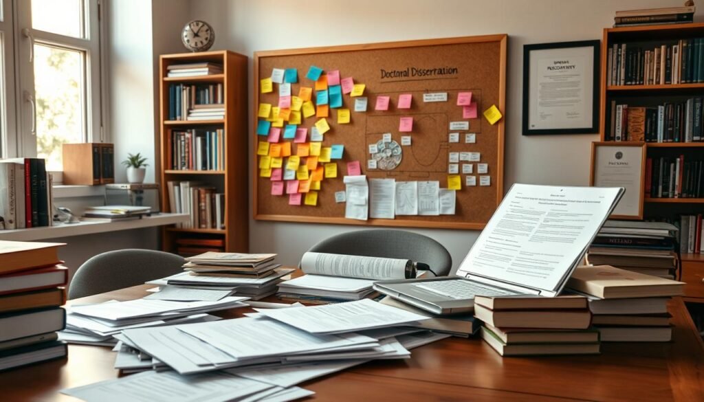 A well-organized study space showcasing a doctoral dissertation in psychology. In the foreground, a wooden desk cluttered with research papers, a laptop open to a detailed document, and a stack of psychology textbooks. The middle layer features a large corkboard filled with colorful post-it notes, graphs, and a flowchart illustrating the research process. In the background, a bookshelf filled with psychology literature and a framed diploma hanging on the wall. Soft, natural lighting from a nearby window creates a warm atmosphere, highlighting the seriousness of scholarly work. The scene is set in a cozy, inviting office space, evoking a sense of focus and dedication appropriate for academic research. A well-organized study space showcasing a doctoral dissertation in psychology. In the foreground, a wooden desk cluttered with research papers, a laptop open to a detailed document, and a stack of psychology textbooks. The middle layer features a large corkboard filled with colorful post-it notes, graphs, and a flowchart illustrating the research process. In the background, a bookshelf filled with psychology literature and a framed diploma hanging on the wall. Soft, natural lighting from a nearby window creates a warm atmosphere, highlighting the seriousness of scholarly work. The scene is set in a cozy, inviting office space, evoking a sense of focus and dedication appropriate for academic research.