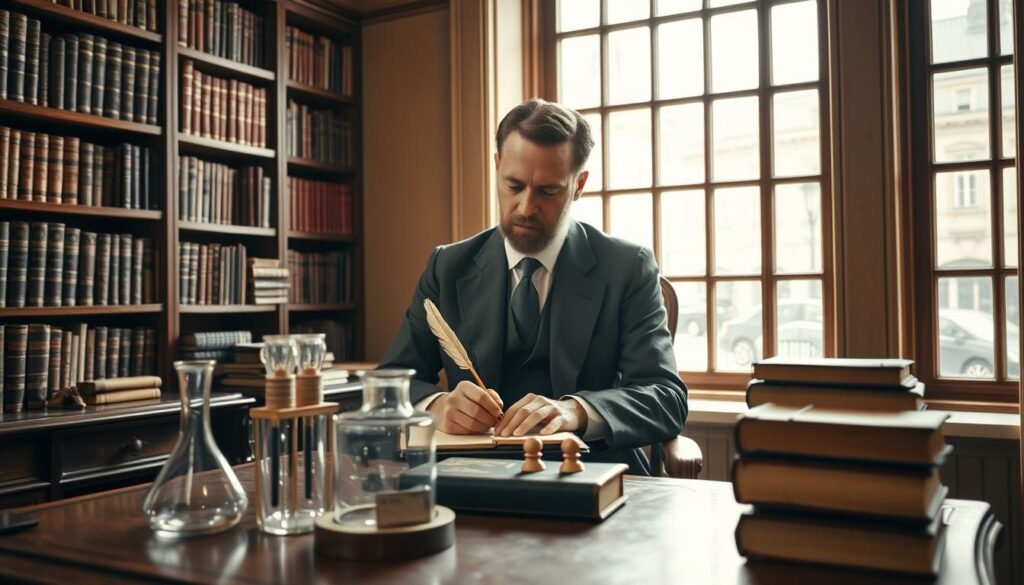 Wilhelm Wundt sits at an ornate wooden desk in a warmly lit study, surrounded by shelves filled with leather-bound psychology books. The foreground features a vintage psychological experiment setup with glass beakers and a notepad, symbolizing early scientific methods. In the middle, Wundt, dressed in a formal suit, deeply focused, writes observations with a quill pen. The background reveals large windows filtering in soft, natural light, showcasing a peaceful Leipzig street scene, hinting at the historic context of his work. The atmosphere is scholarly and contemplative, reflecting the pioneering spirit of structuralism in psychology. The scene captures a moment of intellectual discovery, with a soft depth of field to emphasize Wundt and his work.